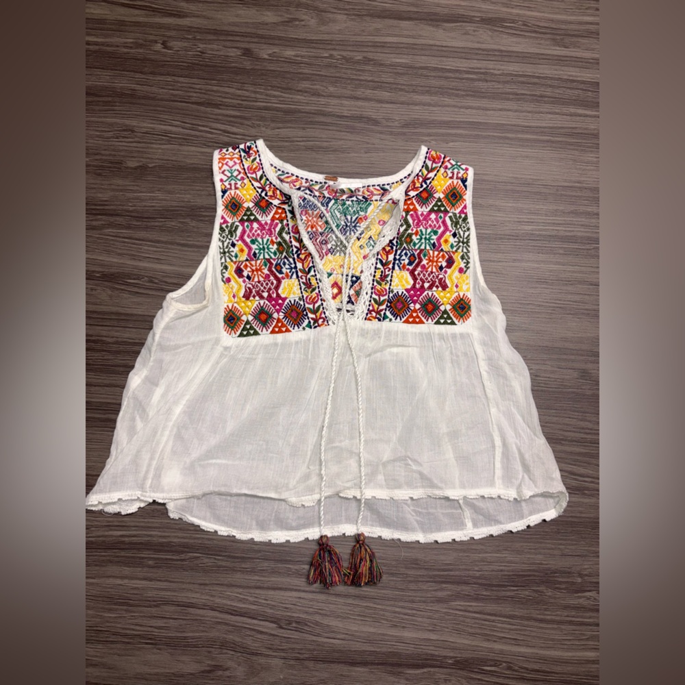 Free People Lohri Embroidered Boho Tassel Top Size X-Small Ivory Multi - Picture 2 of 8